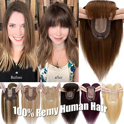 REAL Human Hair SILK Base Topper Top Wig Remy Hair Toupee Clip In Hairpiece Bang • £74.87