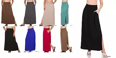 Zenana Womens PLUS SMOCKED WAIST SIDE SLIT MAXI SKIRT WITH POCKETS 1X-2X-3X • $14.99