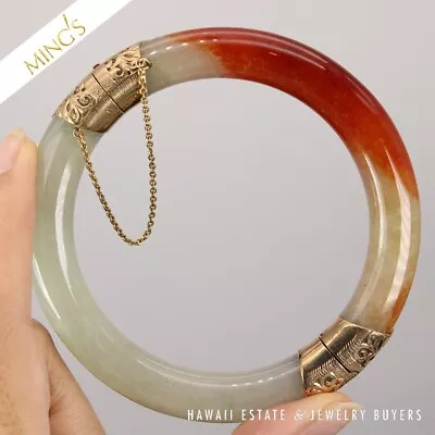 Ming's Bi-color Pale Green And Red Jade 14K Yellow Gold Hinged Bangle Bracelet • $3800