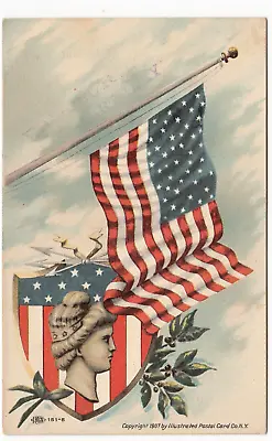 Lady Liberty On Shield W US Flag Vintage Patriotic Postcard • $4.74