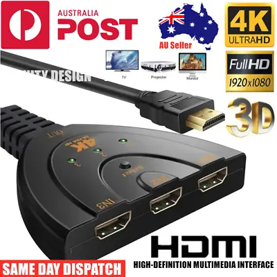 $7.95 • Buy HDMI Splitter 3in1 Ultra HD 1080 Adapter Converter Switch Multi Display Cable Oz