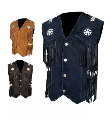 Men's Native American Western Cowboy Suede Leather Fringe & Beaded Vest • $99