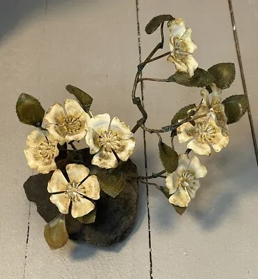 Brutalists Metal White Flowers On Stone Base Copper Metal 11.5” • $59.99