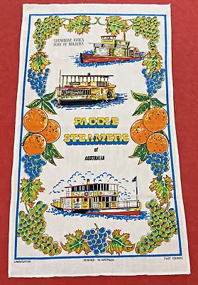 Vintage Tea Towel W Paddle Steamers Australia Pattern Boat Art Gift Idea Collect • $28.05
