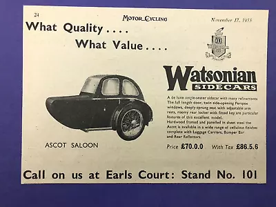 Watsonian Ascot Saloon Sidecar Original 1953 Print Advert • $6.85