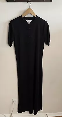 MISOOK Exclusively Black Knit Maxi Dress Women’s Medium Rose Detail Slits  • $84