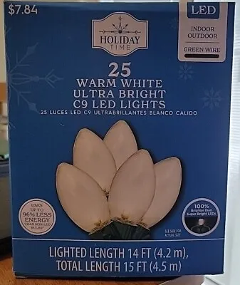 25-Count Warm White Ultra Bright LED C9 Christmas Lights With Green Wire 15' • $17.98