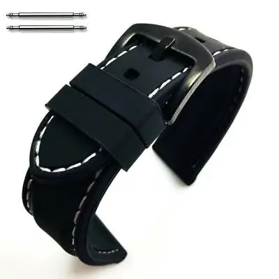 Black Rubber Silicone Replacement Watch Band Strap Buckle White Stitching #4004 • $11.95