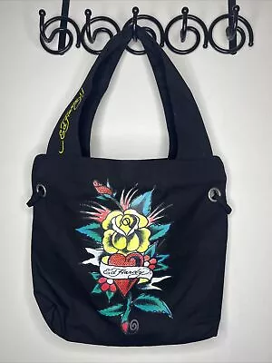 Ed Hardy Rose Gemstone Over The Shoulder Bag Black Tote Canvas Purse Carry-All • $12.99