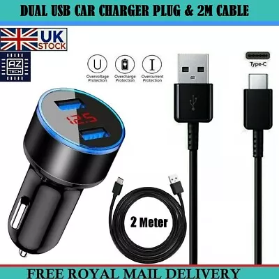 Dual Port USB 3.1A Car Charger Plug & 2M Type-C Cable For Samsung Galaxy Phones • £6.85