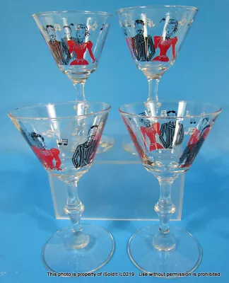 SET 4 VINTAGE MARTINI Cordial Wine GLASS SET Singing Man & Woman Red White Black • $19.95