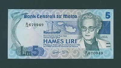 Malta  5 Liri  L. 1967  ( 1986 )  Pick # 38  Xf. • $39.50