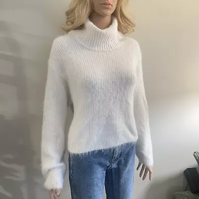 H&M White Long Sleeve Ribbed Knit Fuzzy Turtleneck Pullover Sweater XS Pre Owned • $13