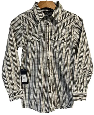 Cody James Shirt Boys Medium White Blue Plaid Western Pearl Snap Sawtooth Youth • $26.41