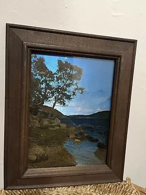 Vintage Framed Foil Art Print Trees Hills River Nature Landscape Vibrant Blues • $34.95