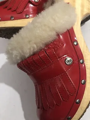 UGG Women Heels RED Wood Clogs Leather Shearling Size 75 • $40