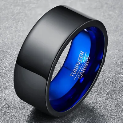 Black Tungsten Carbide Wedding Band For Men 10MM Biker Jewelry Ring Blue Inside • $17.64