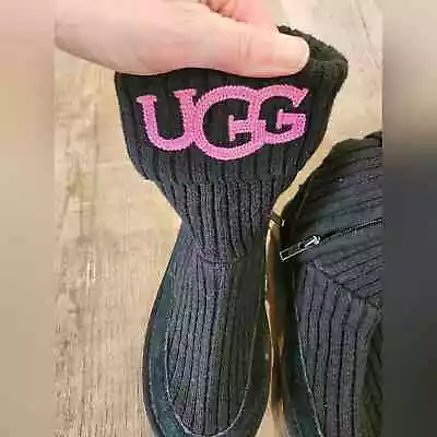 UGG Black Suede Sweater Pink Logo Comfortable Rubber Sole Boots Girls Size 1 • $25