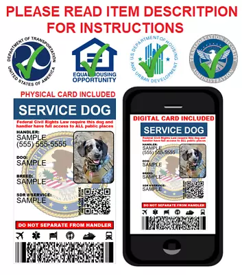 $10.99 • Buy Customizable Custom Service Dog Id Card - Physical & Digital Card 