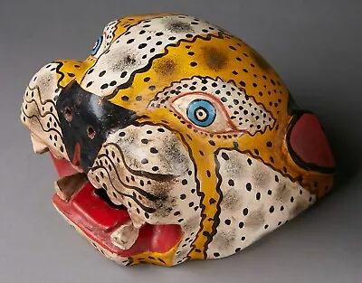 Mexican Folk Art Carved Wood Jaguar Leopard Cat Head Face Mask Guerrero • $59.99