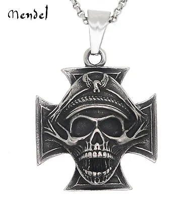 MENDEL Mens WW2 Officer Skull Iron Cross Pendant Necklace Chain Stainless Steel • $11.99