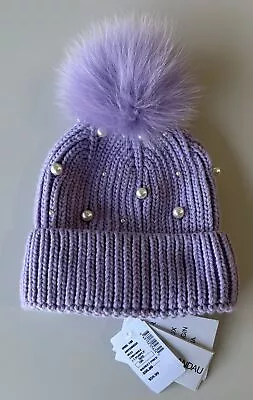 $95 NWT Adrienne Landau Light Purple Real Fox Fur Pom Pom Beanie Hat Faux Pearls • $64.45