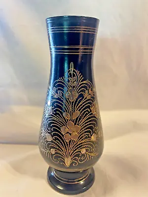 Vintage Etched Floral Brass Bud Vase India #562 Black Enamel/Gold Tone 6  Tall • $0.99