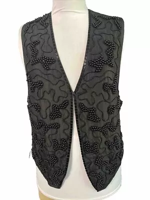 HYPE Vintage Black Silk Beaded Vest Formal Retro 90s Embellished MEDIUM • $15.99