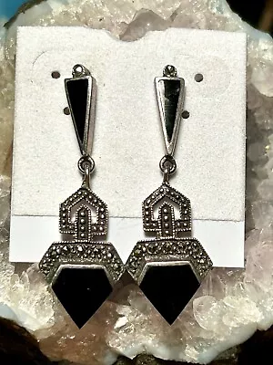 Sterling Silver Onyx Marcasite Earrings Art Deco Vintage Retro Jewelry  • $21