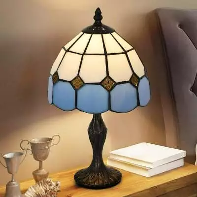 15in Mini Blue White Tiffany Style Stained Glass Accent Reading Table Lamp • $79.77