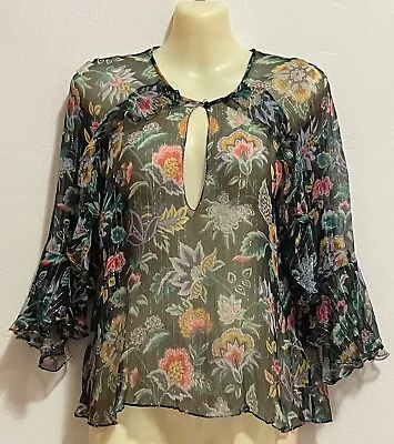 Alice McCall Silk Blouse Ruffle Sleeve Floral Multicoloured Size AU 8 • $40