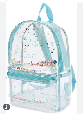 Claire’s 13” Clear Transparent Confetti Glitter Star Heart Blue Backpack Nwt • $25.99