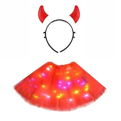 Halloween Light Up Red Tutu + Glow In The Dark Devil Horn Halloween Fancy Dress • £3.49