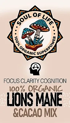 Organic Lions Mane Mushroom & Raw Cacao Mix Powder Vegan Brain Memory Focus • £13.99