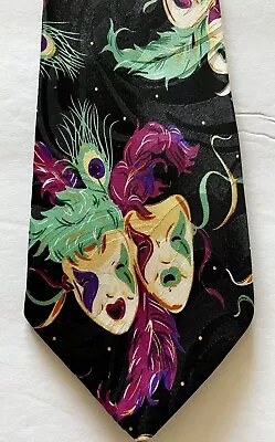 Mardi Gras Tie Green Purple Masks Peacock Feathers Fratello Handmade Polyester • $18.99