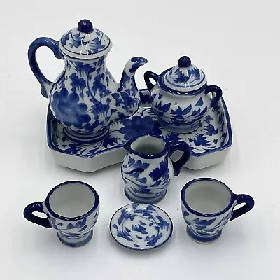 Vintage Miniature Childs Tea Set Service For 2 In Blue & White Minus 1 Saucer • $11.40