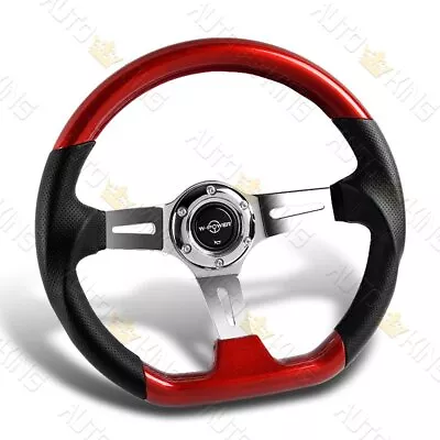 343mm 3  Deep Dish Red Galaxy Wood Grip Leather 3-spokes Steering Wheel W-power • $95.24