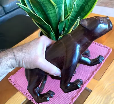 Vintage Hand Carved Mahogany Wood 11  Cougar Panther Cat Figurine Sculpture • $50