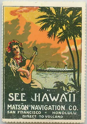 See HAWAII ~MATSON NAVIGATION Co. - Honolulu~ Beautiful Poster Stamp C. 1930 • $39.99