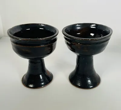 Vintage Signed Stoneware Studio Art Pottery Glazed 5.25  Goblets Chalices • $29