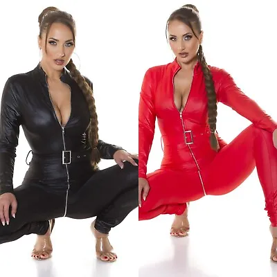Sexy Black Red Wetlook Zip Crotch Belted Catsuit Jumpsuit Overall S M L XL Shiny • £44.95