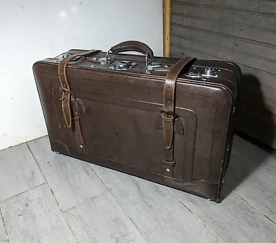 Vintage Mid Century Golden Leaf Leather Suitcase Briefcase Travel Luggage • $288