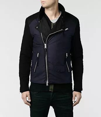 Men's ALL SAINTS WEISS BIKER Black Waxed Cotton Jacket Bomber Size M/L RRP $590 • £74.32