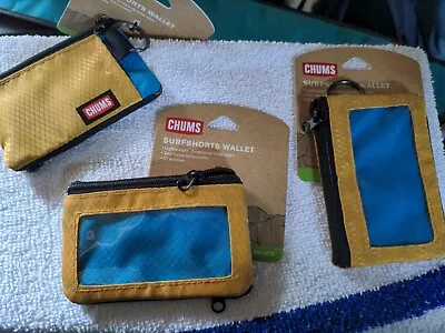 Chums Compact Surfshorts Wallet W/ Key Ring 2 Zipper Pockets ID Window Gold Blue • $10.49