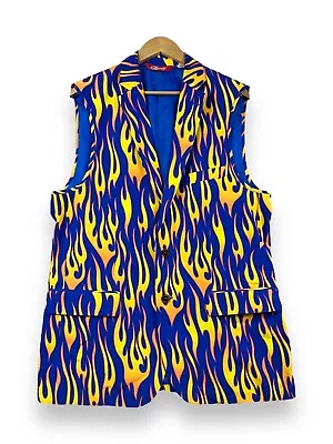 Shinesty The Flava Town Blazer Button Vest Flames Fire Blue Yellow Size 44 • $39.97