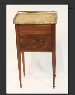 Antique French Brass Gallery & Marble Top End Side Stand Table W/ Inlaid Door • $575