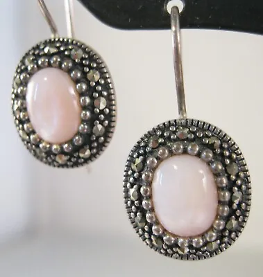 Art Deco Style Marcasite & Pink MOP Sterling Silver Earrings Drop Earrings • $27