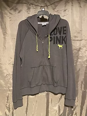 Victoria Secret Pink Women’s Gray Hoodie Full Zip Jacket Size Large Neon Yellow • $24