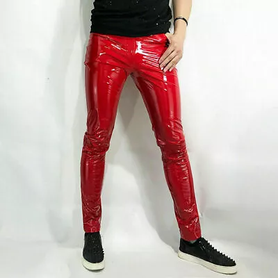 Mens Shiny Metallic Faux Leather Pants Skinny Stretch Trousers Clubwear Slim Red • $38.58