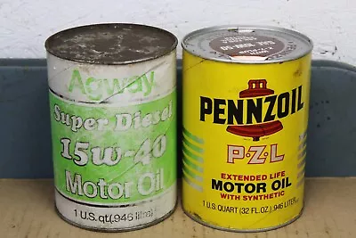 LOT OF 2 ~ Vintage AGWAY DIESEL & PENNZOIL P-Z-L MOTOR OIL Old 1 Qt. Cans • $19.90